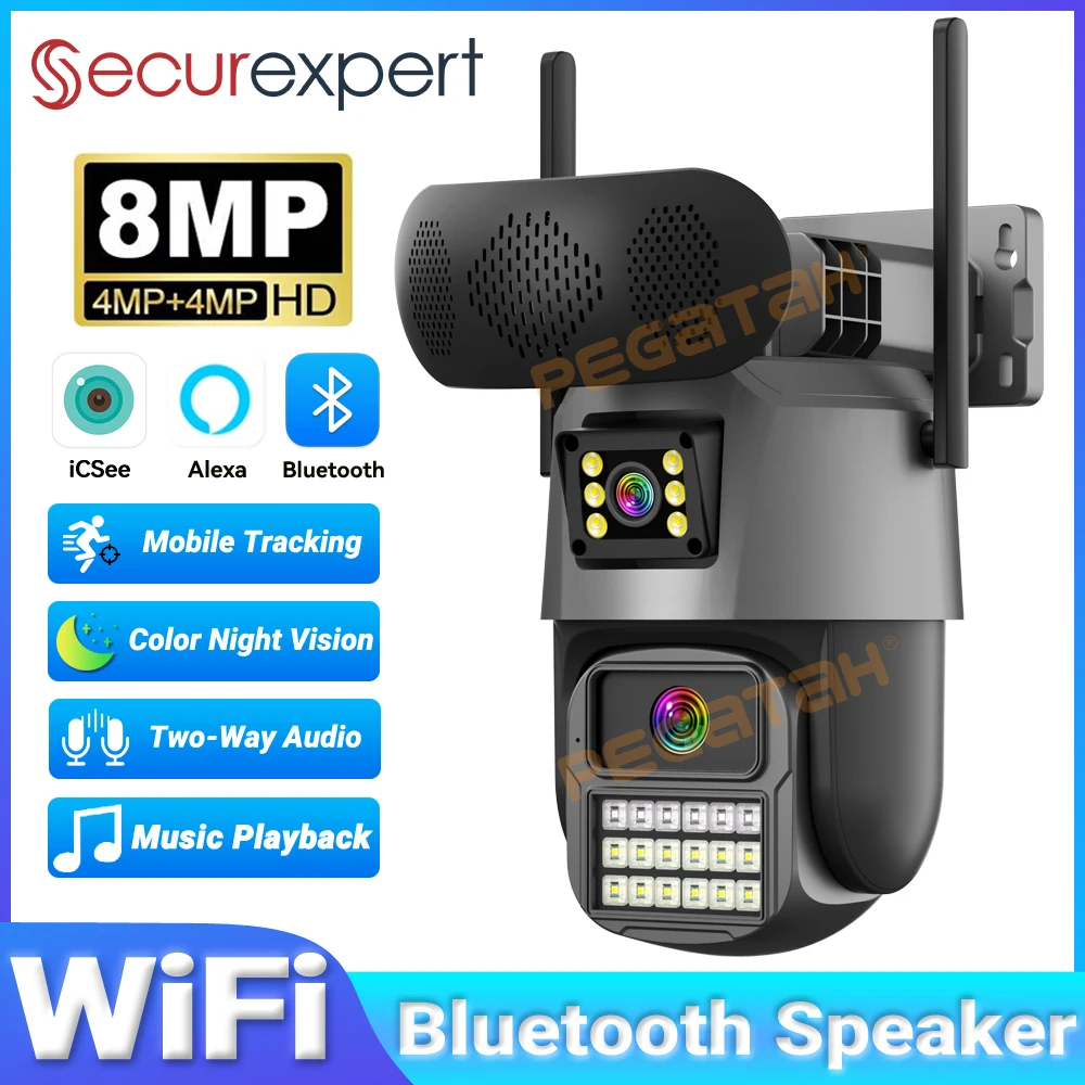 Audiovision Music Player - กล้องรักษาความปลอดภัยกลางแจ้ง 8MP พร้อมเครื่องเล่นเพลง ลำโพงบลูทูธ เลนส์คู่ กล้องไวไฟ