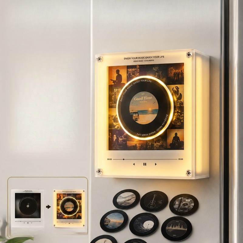 Audio Music Songs - สติกเกอร์แม่เหล็กติดตู้เย็นแบบสร้างสรรค์ เครื่องเล่นแผ่นเสียง NFC แบบเหนี่ยวนำ พร้อมเสียงเพลงหมุนวน แสดงอัลบั้มเพลง